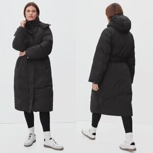 Everlane Duvet Puffer Full Zip Coat Black Women Medium NWT Long Belted FLAW